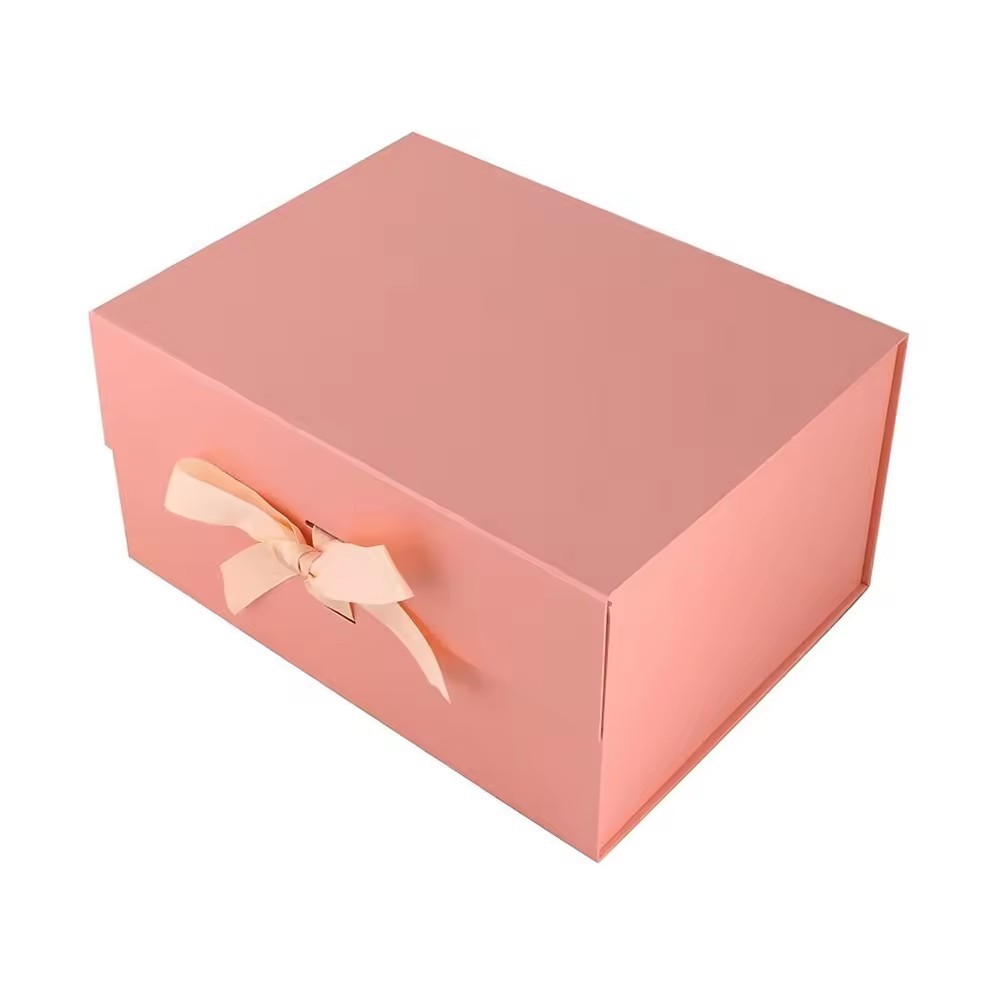 Pink Magnetic Flip Rigid Paper Packaging Foldable Collapsible Gift Boxes With Ribbon