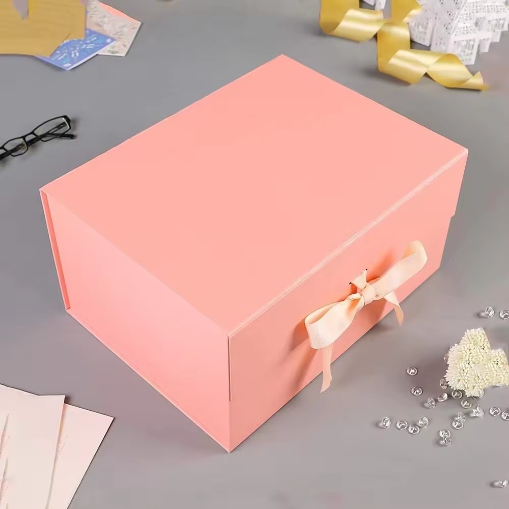 Pink Magnetic Flip Rigid Paper Packaging Foldable Collapsible Gift Boxes With Ribbon