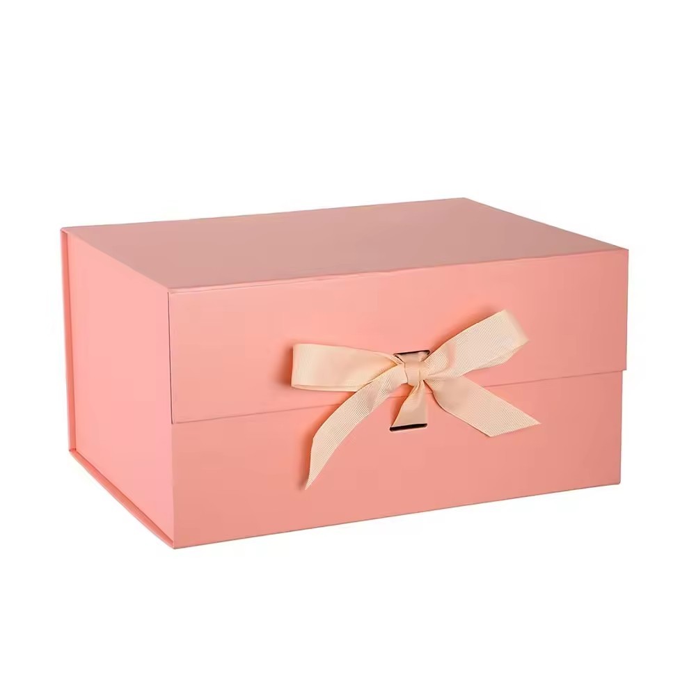 Pink Magnetic Flip Rigid Paper Packaging Foldable Collapsible Gift Boxes With Ribbon