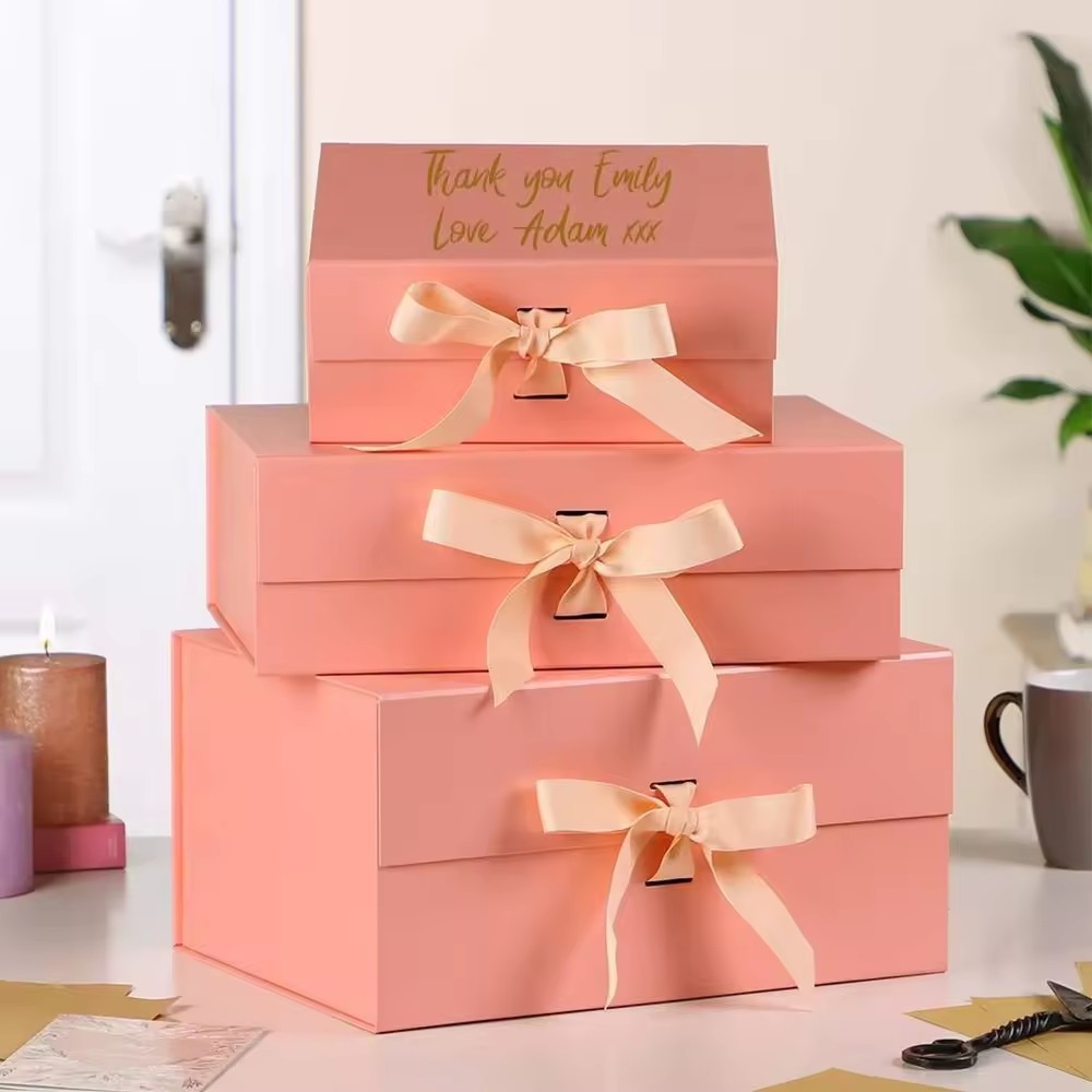 Pink Magnetic Flip Rigid Paper Packaging Foldable Collapsible Gift Boxes With Ribbon