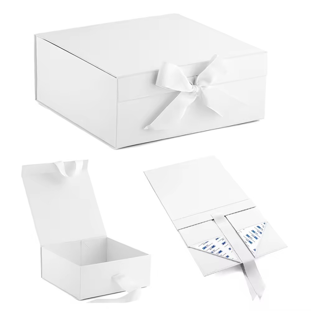 Packaging Foldable White Magnetic Book Shape Rigid Paper Gift Boxes With Ribbon