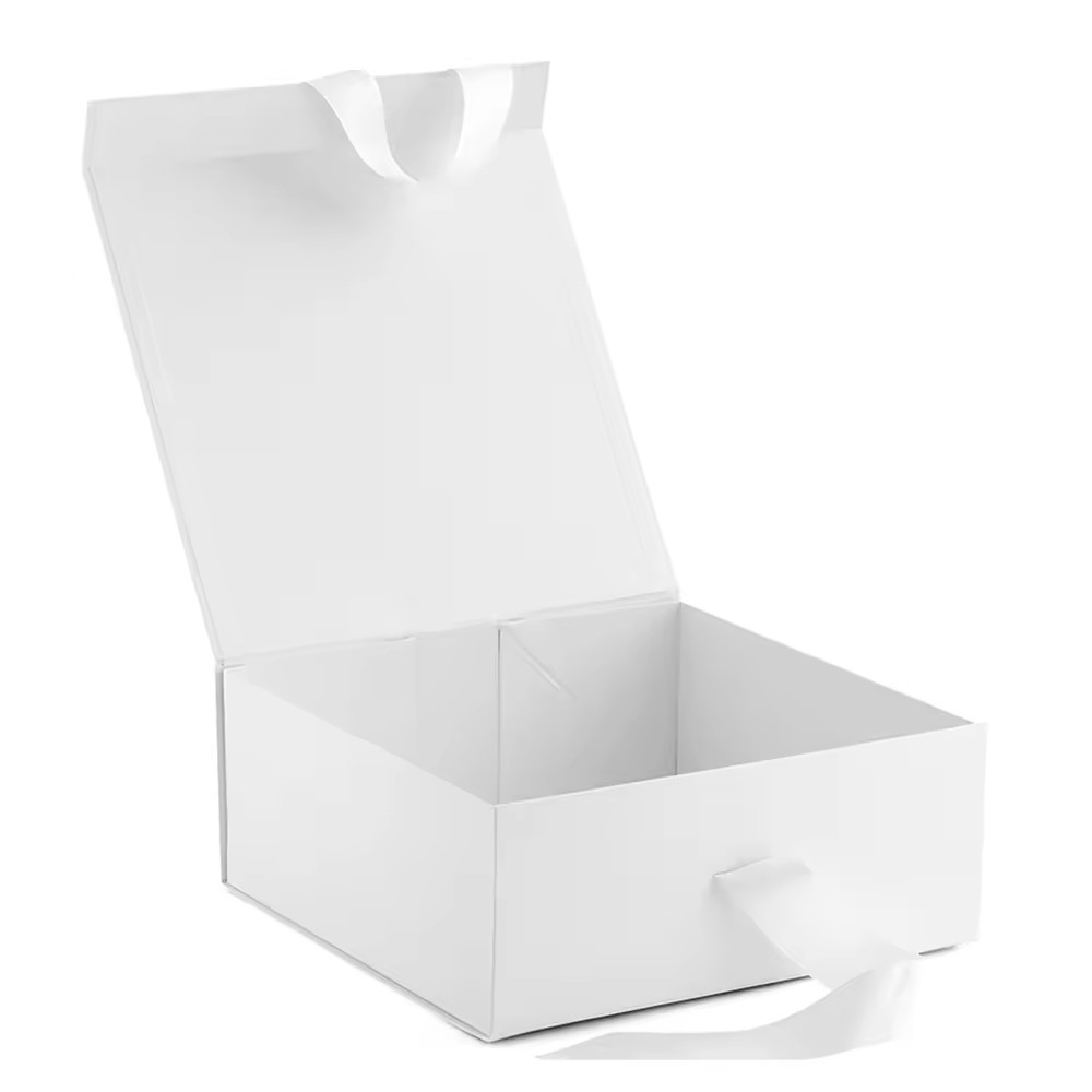 Packaging Foldable White Magnetic Book Shape Rigid Paper Gift Boxes With Ribbon