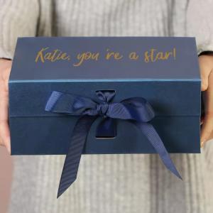 Magnetic Folding Luxury Navy Cardboard Packaging Ribbon Hamper Gift Box