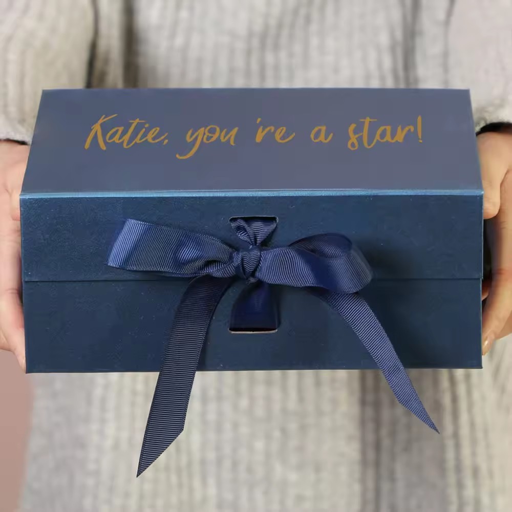 Magnetic Folding Luxury Navy Cardboard Packaging Ribbon Hamper Gift Box