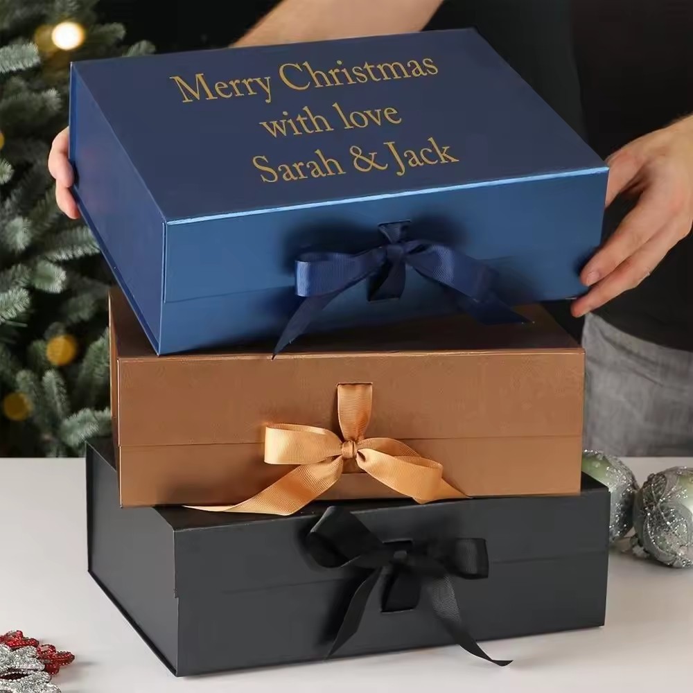 Magnetic Folding Luxury Navy Cardboard Packaging Ribbon Hamper Gift Box